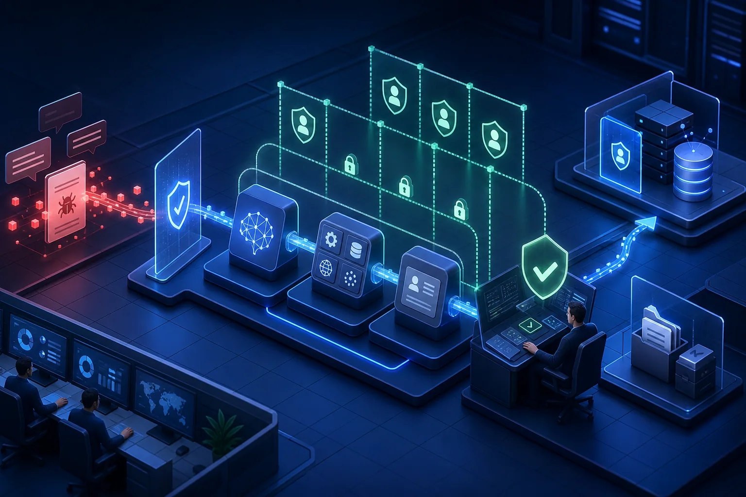 Layered security controls blocking an unsafe AI agent action before it reaches protected systems