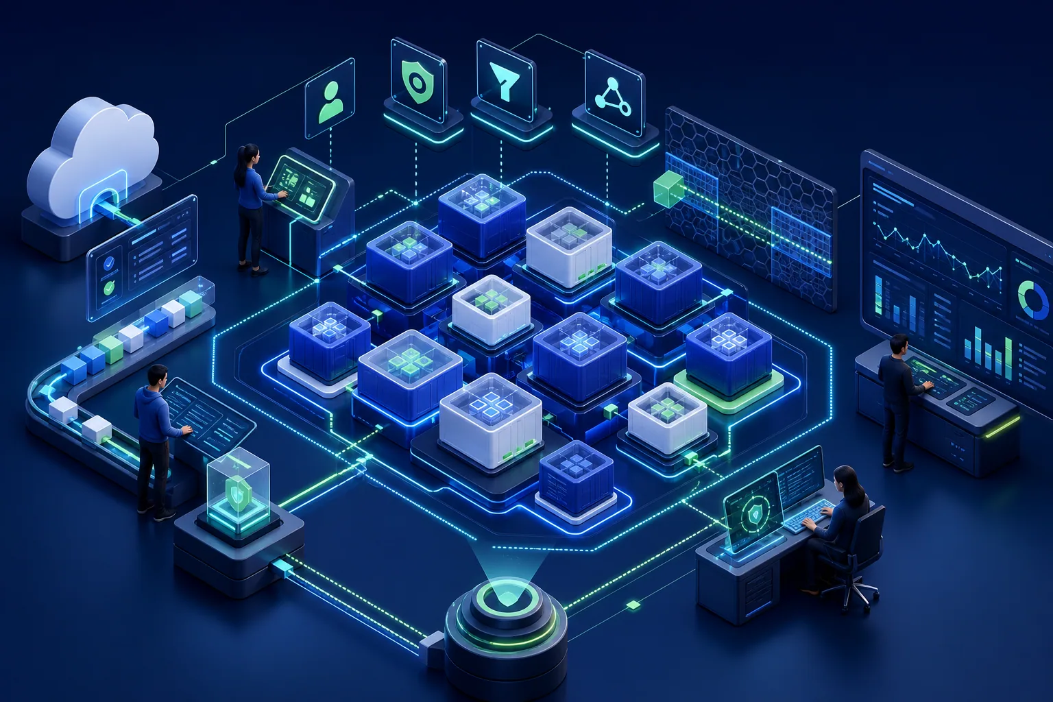 Engineers applying identity policy network and monitoring controls to a container platform