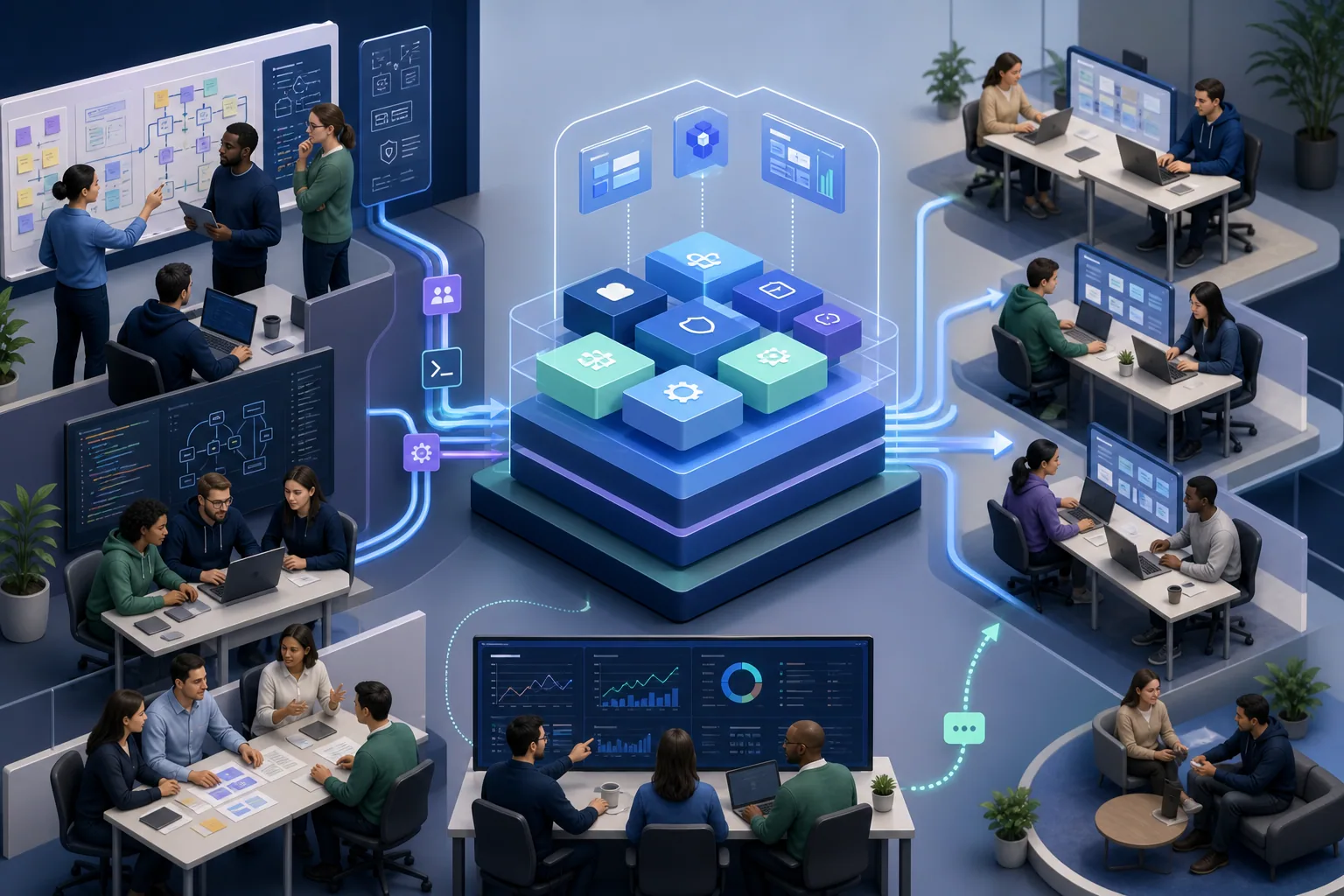 Engineering teams using a shared platform product built from reusable delivery capabilities