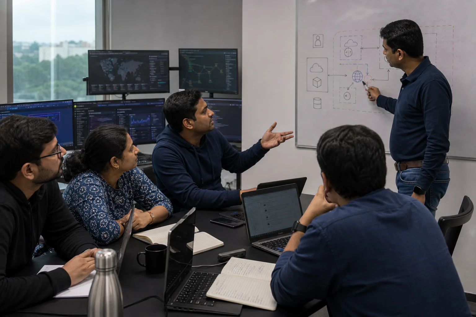 Security instructor and engineers working through a cloud and AI threat exercise