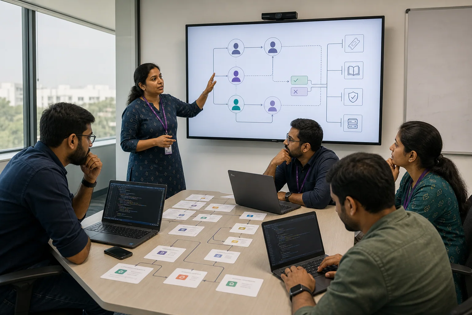 Software architecture instructor and developers mapping a role-based AI agent workflow